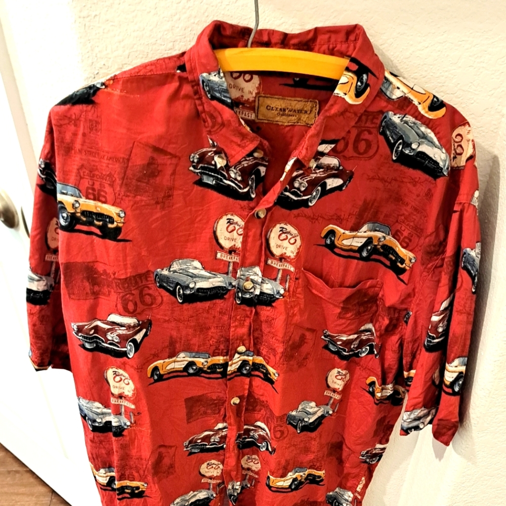 Vibrant Red Casual Button Down Shirt with Retro Car Design
